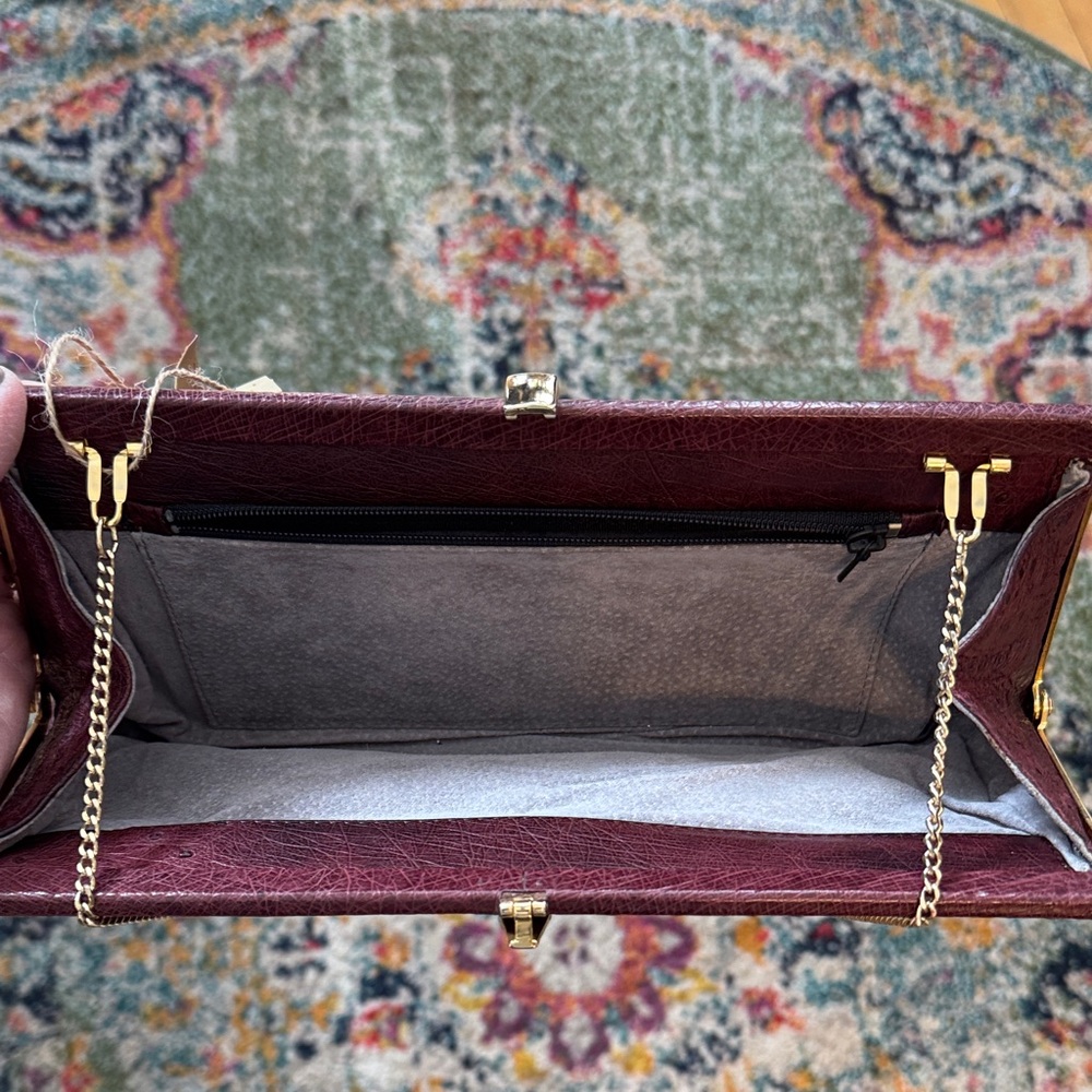 Genuine Ostrich Leather Burgundy Clutch with Gold Chain - Picture 2 of 6
